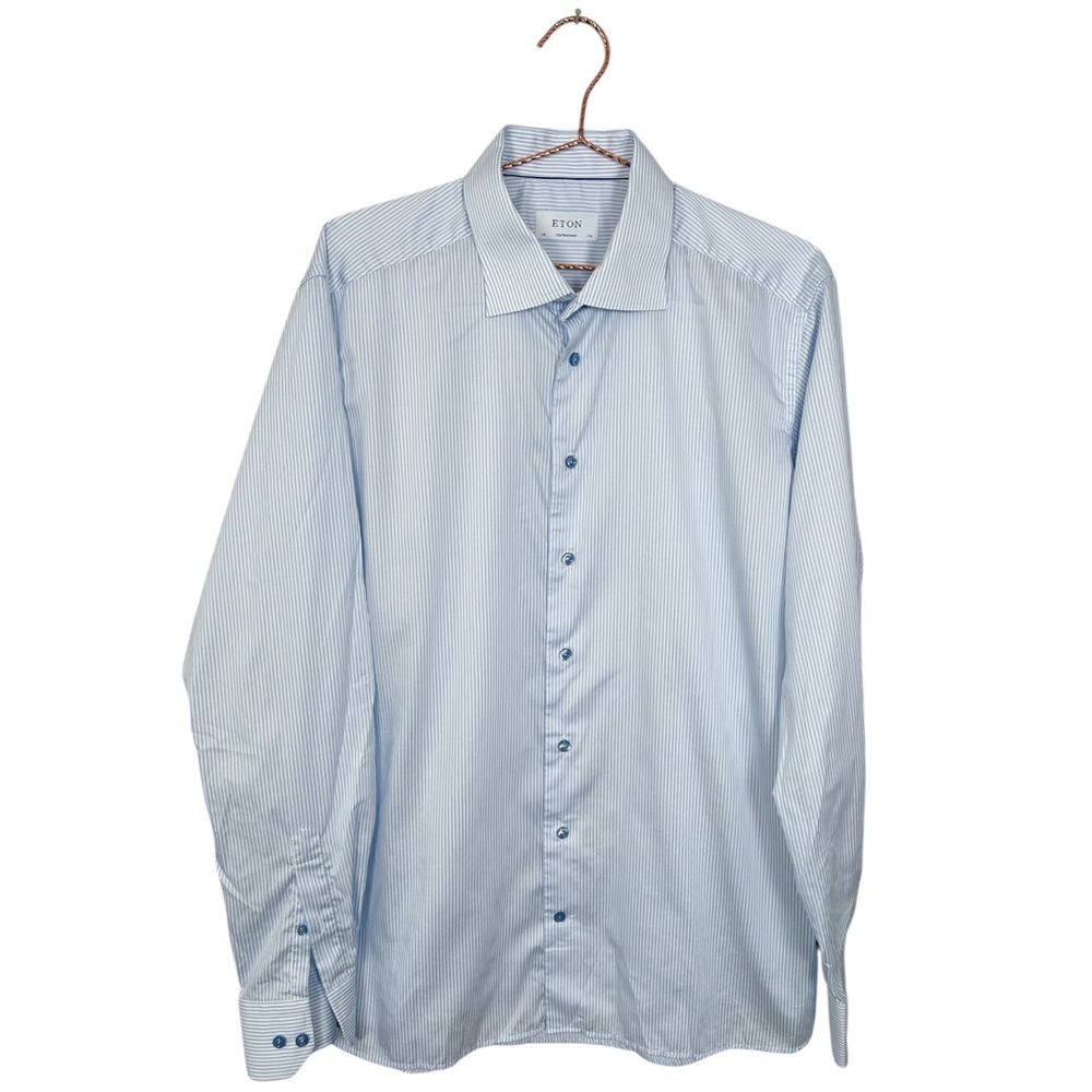 Eton Blue and White Striped Cotton Button Down Shirt - Picture 1 of 7
